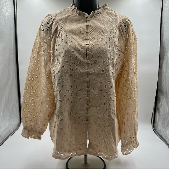 Zesica lined eyelet apricot highneck‎ button down shirt sz L. NWT - Picture 2 of 7